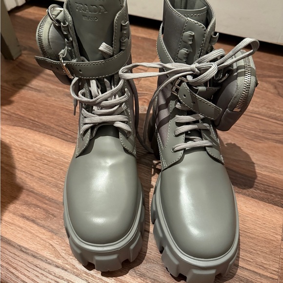 Prada Shoes - Prada Monolith Lace-Up Combat Boots in Light Gray with Removable Pouch